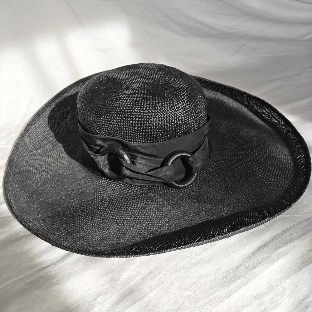 Seeberger Black Straw Wide Brim Paper Sun Hat Made in Germany Ring Detail Sheer